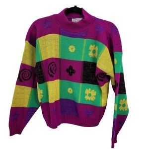 Vtg 80s Kidcore Bright Patchwork Sweater Multicolor Metallic Hearts Swirls M